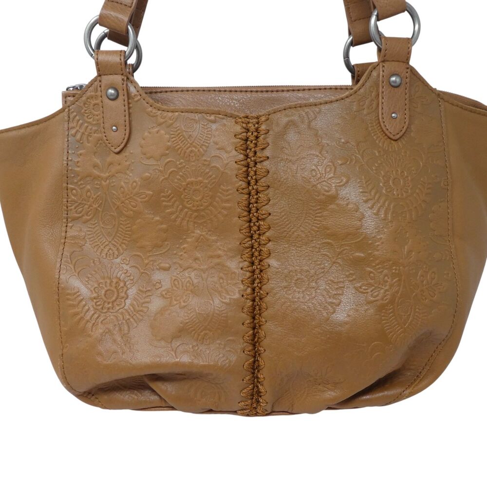 The Sak Bolinas Caramel Brown Floral Embossed Leather Satchel Bucket Bag Purse - Picture 2 of 13